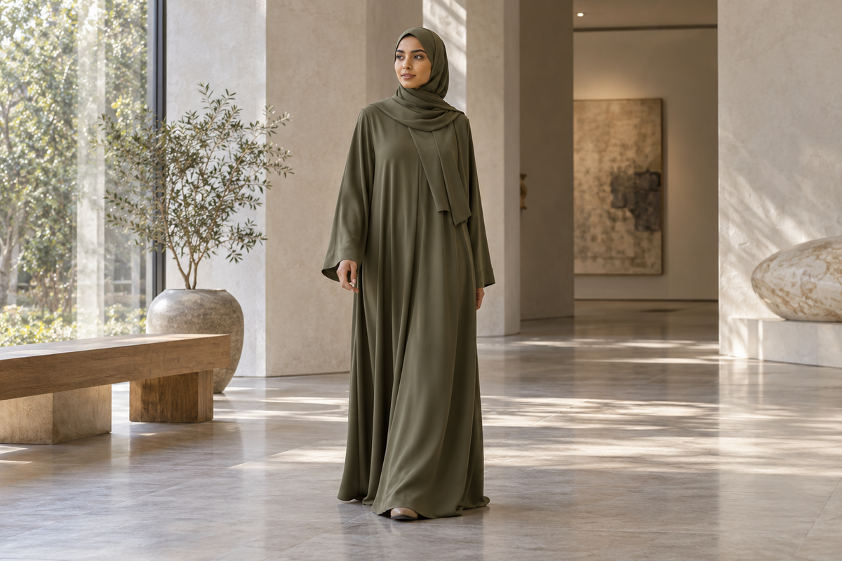 Model wearing a muted olive abaya and matching hijab in a sunlit gallery
