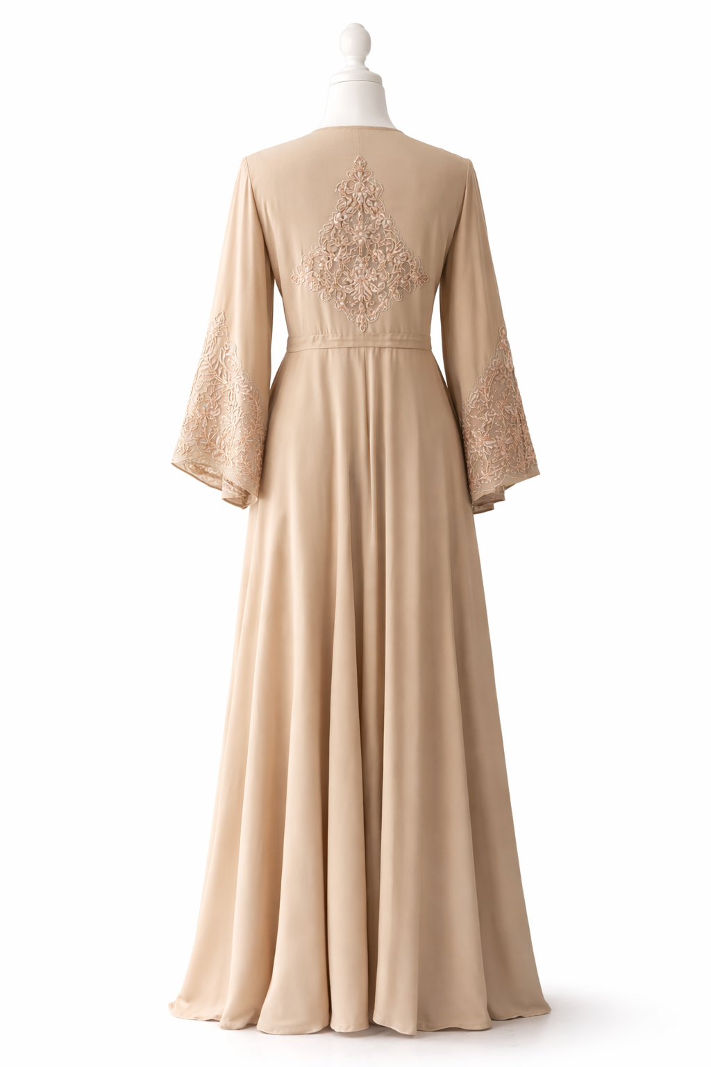 Beige abaya back view featuring intricate embroidery and flowing modest design