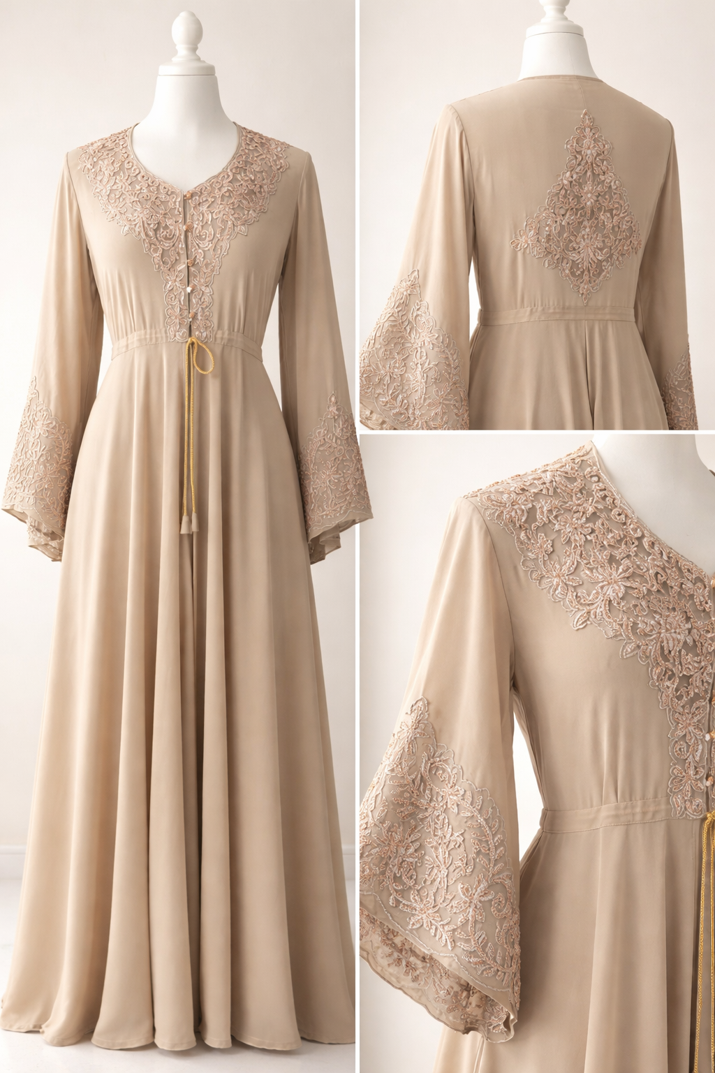 Beige embroidered abaya showing front, back and sleeve embroidery detail