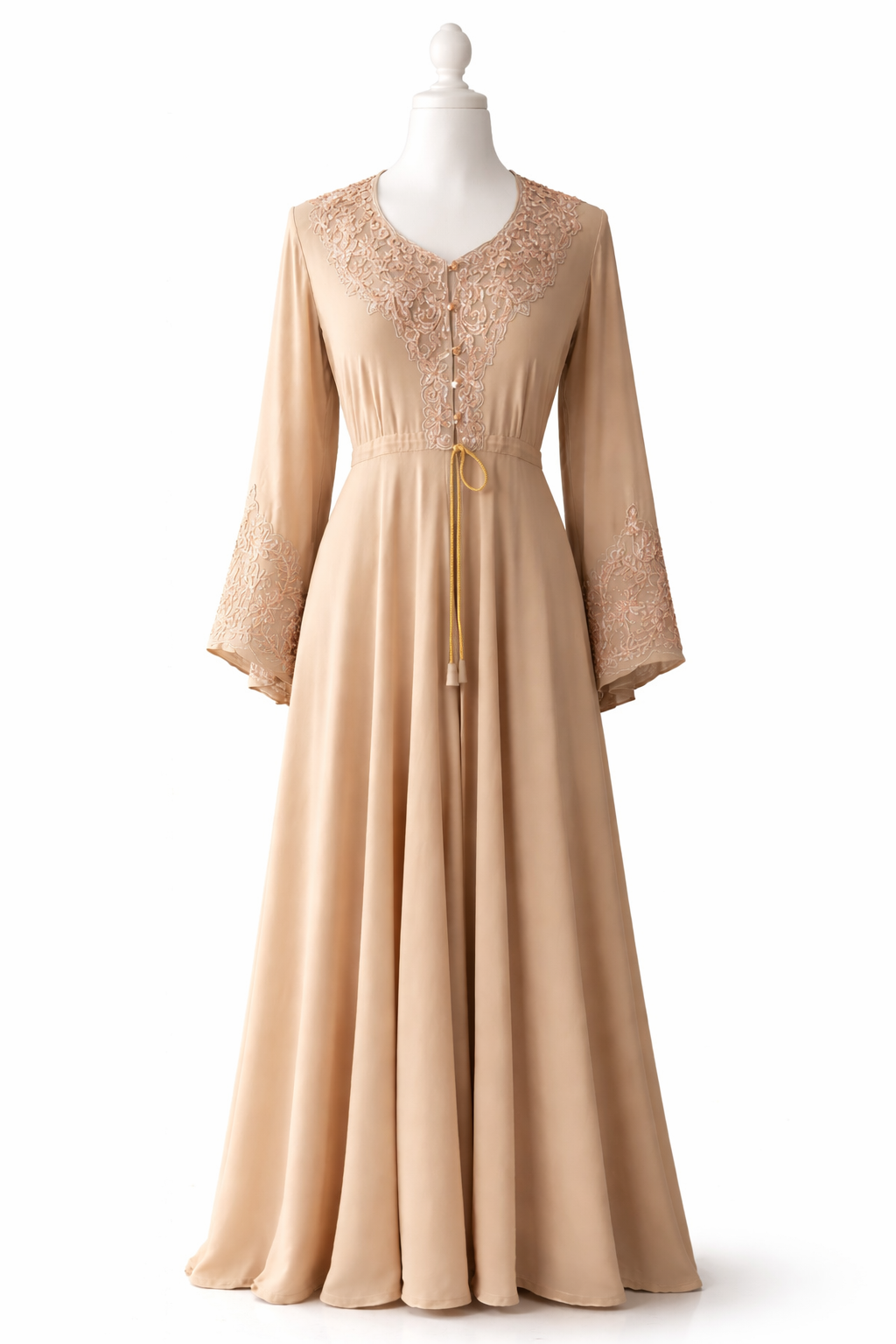 Beige embroidered abaya front view with detailed neckline embroidery and elegant modest style