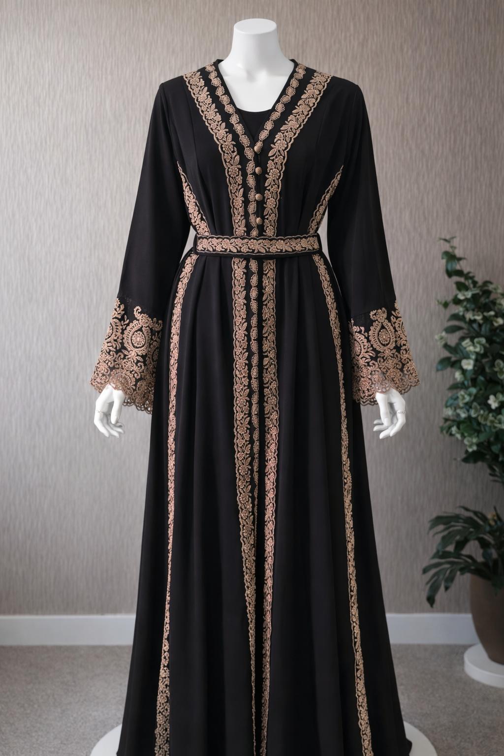 Midnight Elegance - Gold Embroidered Maxi Dress with Belted Waist and Bell Sleeves