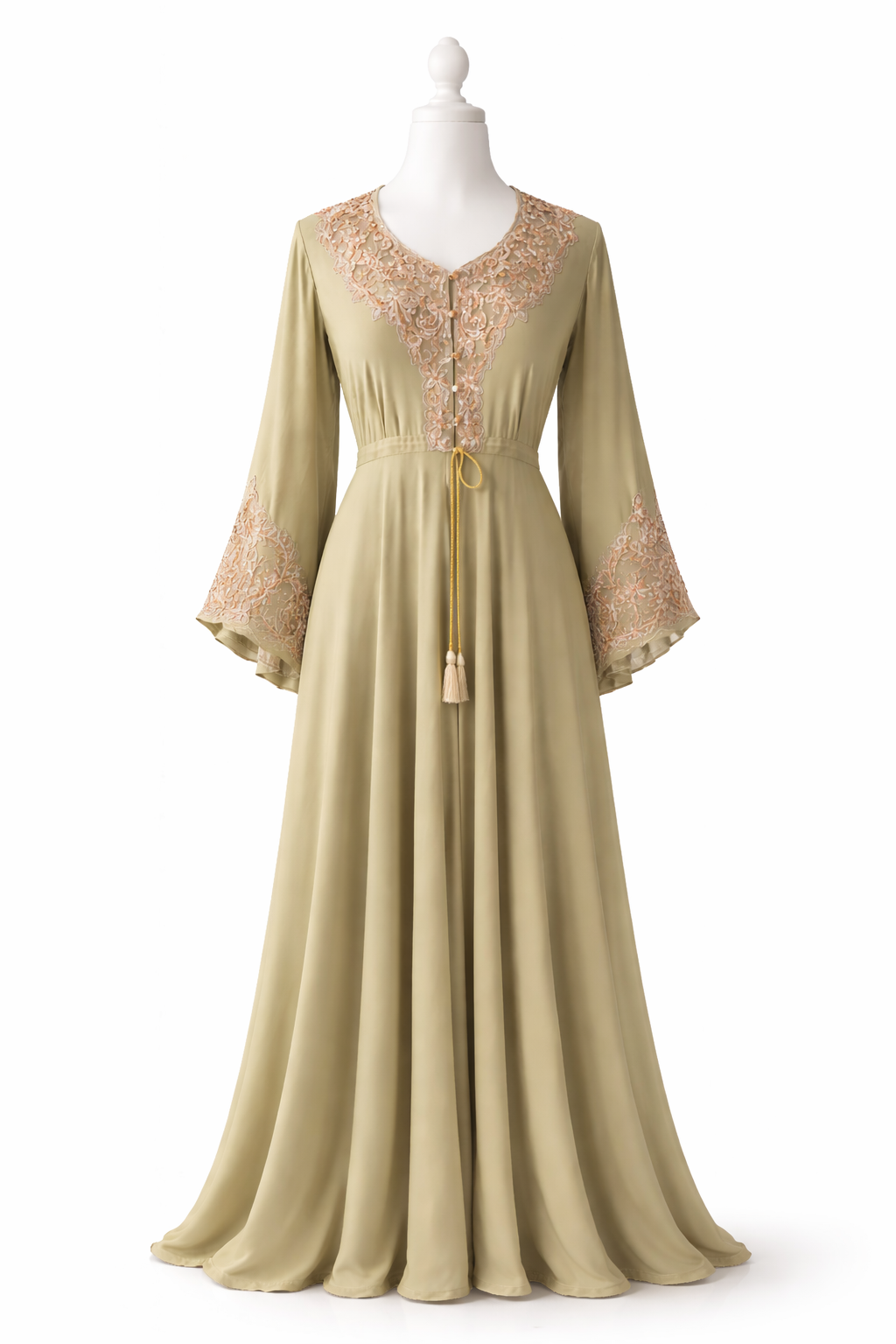 Mint embroidered abaya front view with detailed neckline embroidery and flowy modest design