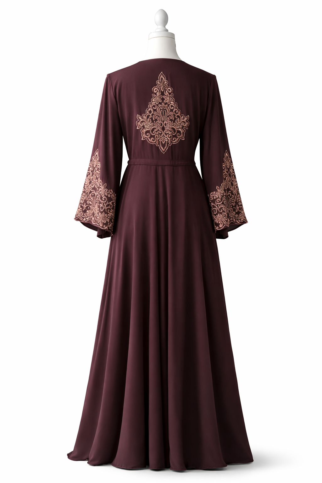 Plum abaya back view with ornate embroidery detail and elegant modest silhouette