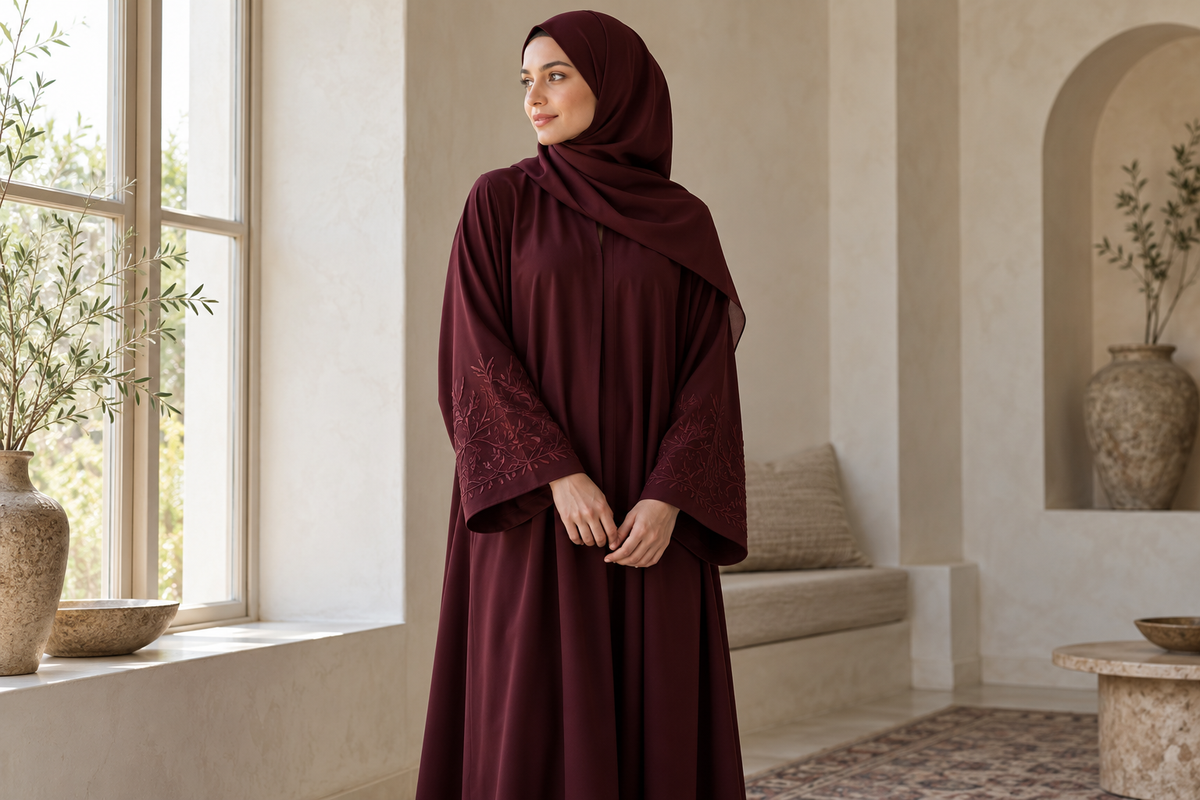 Model wearing a burgundy abaya with tonal embroidered cuffs beside a sunlit window