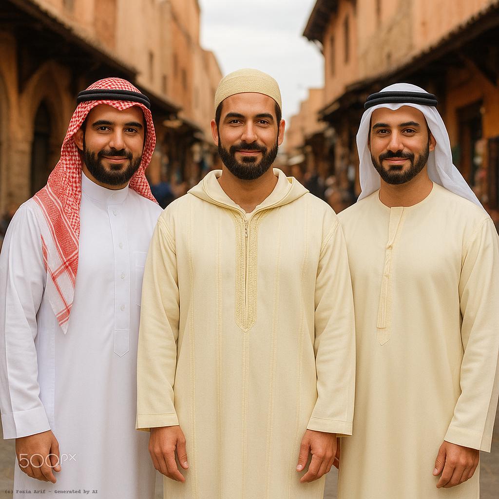Men wearing Saudi, Moroccan, and Emirati thobes in traditional street – Fozia Arif Men’s Thobe Collection