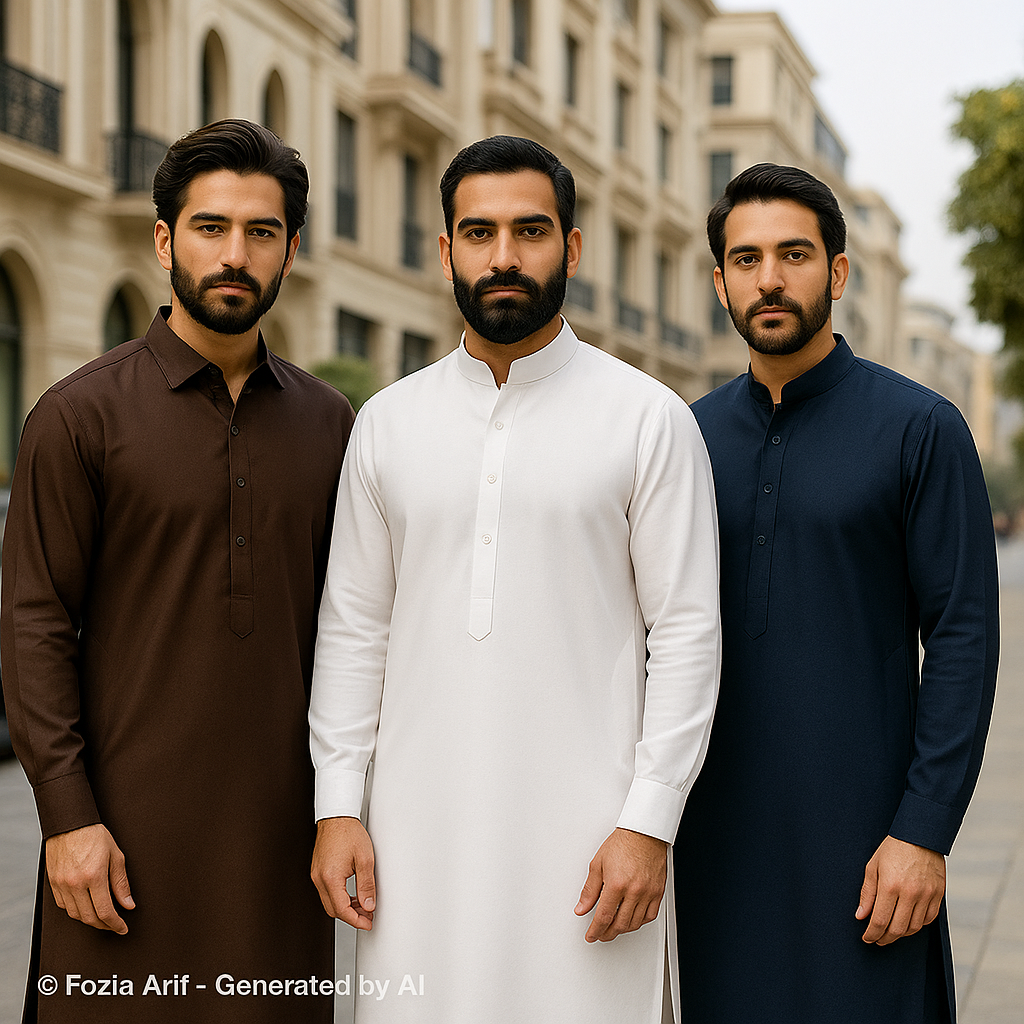 Three men wearing luxury men’s shalwar kameez in white, navy, and brown by Fozia Arif, styled on Islamabad city street