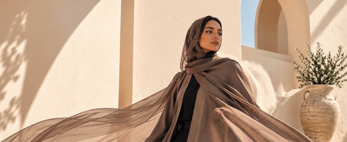 A woman wearing a flowing taupe-brown hijab and matching draped outer garment, standing in a sunlit architectural setting with cream walls, arches, and a potted plant.