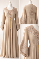 Beige embroidered abaya showing front, back and sleeve embroidery detail