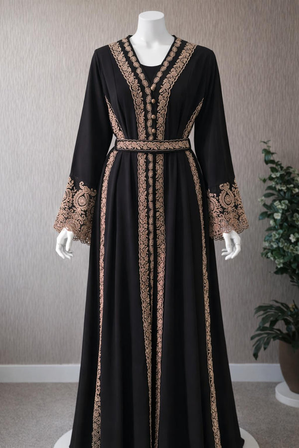 Midnight Elegance - Gold Embroidered Maxi Dress with Belted Waist and Bell Sleeves