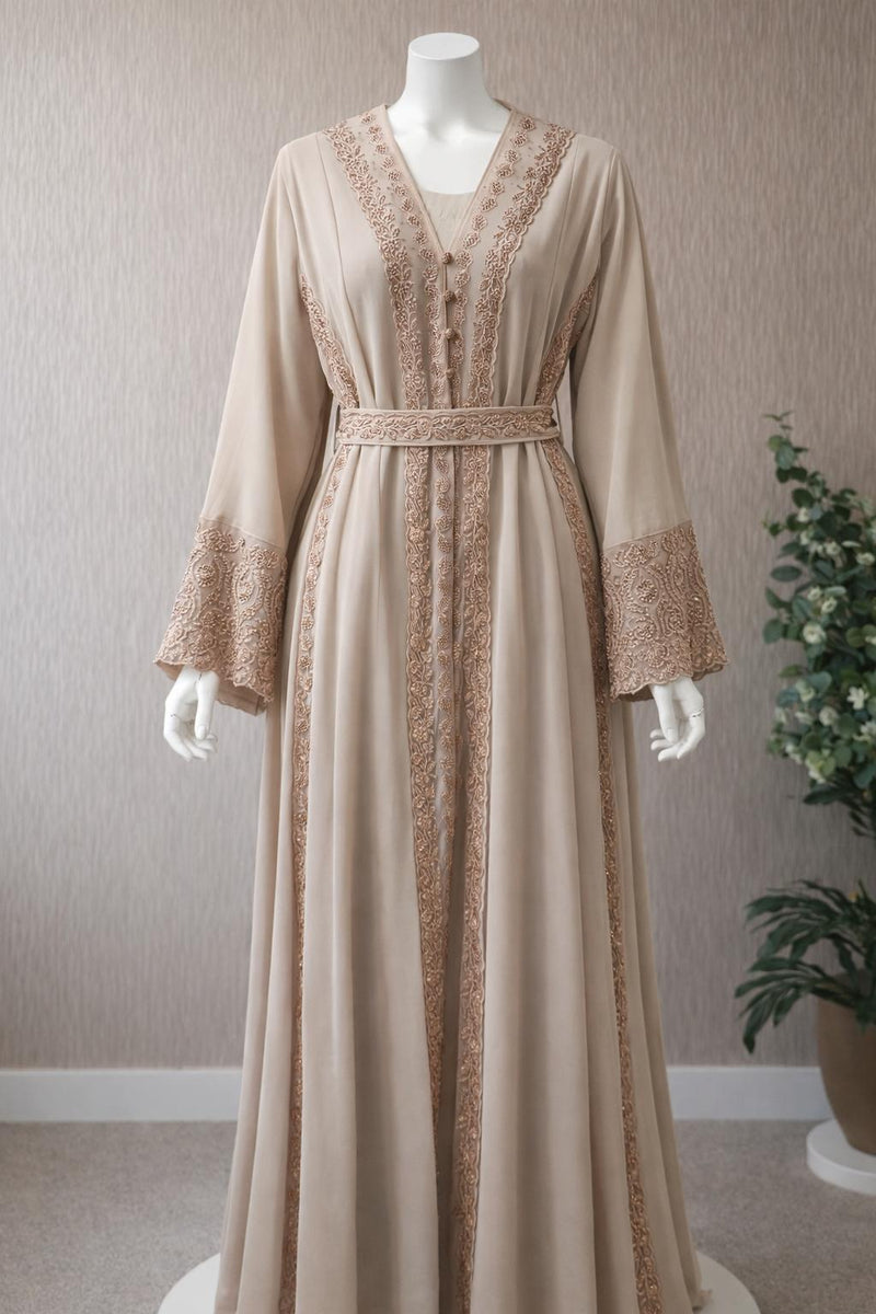 Midnight Elegance - Gold Embroidered Maxi Dress with Belted Waist and Bell Sleeves