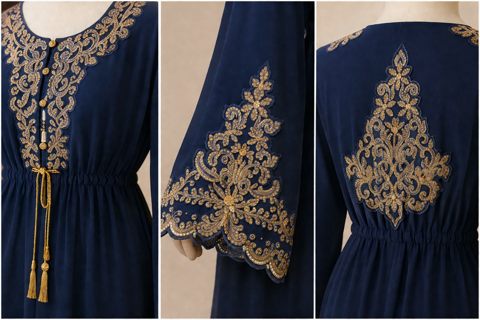 Close-up details of navy abaya showing neckline, sleeve, and back gold embroidery – Fozia Arif