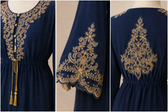 Close-up details of navy abaya showing neckline, sleeve, and back gold embroidery – Fozia Arif