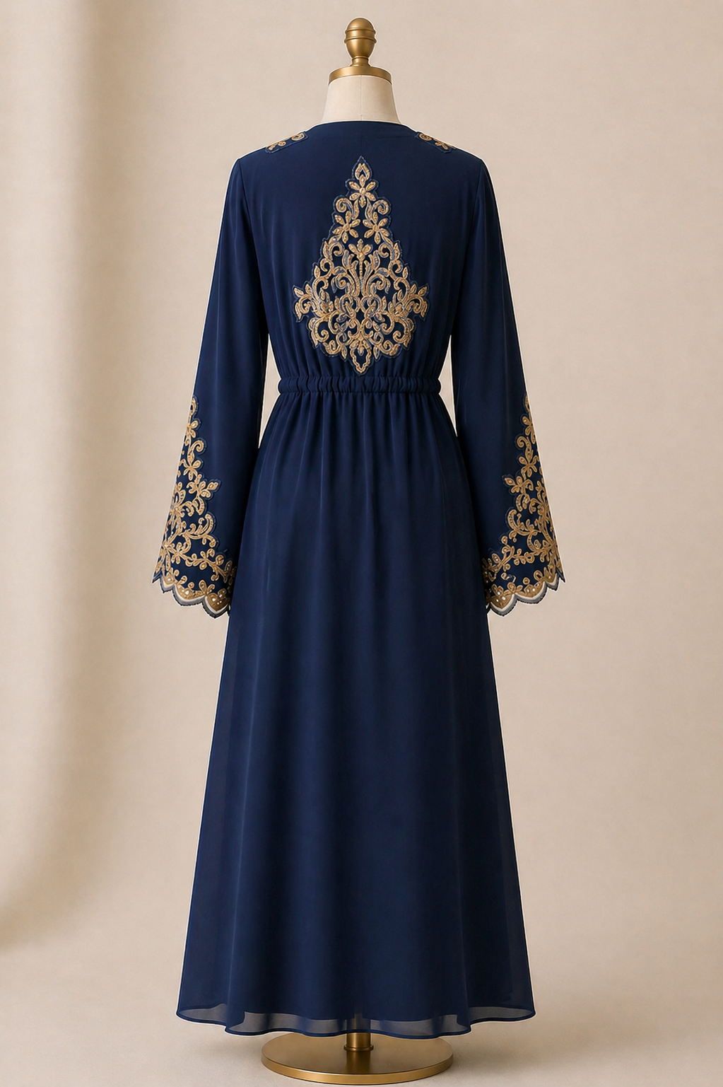 Navy blue embroidered abaya back view featuring intricate gold motif design – Fozia Arif