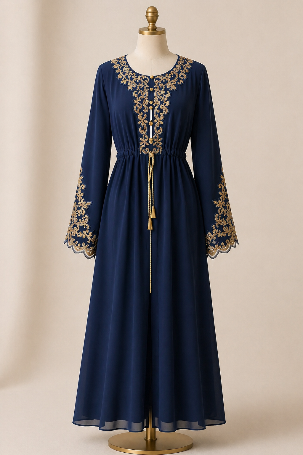 Navy blue embroidered abaya front view with gold detailing and flowing silhouette – Fozia Arif