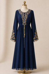 Navy blue embroidered abaya front view with gold detailing and flowing silhouette – Fozia Arif
