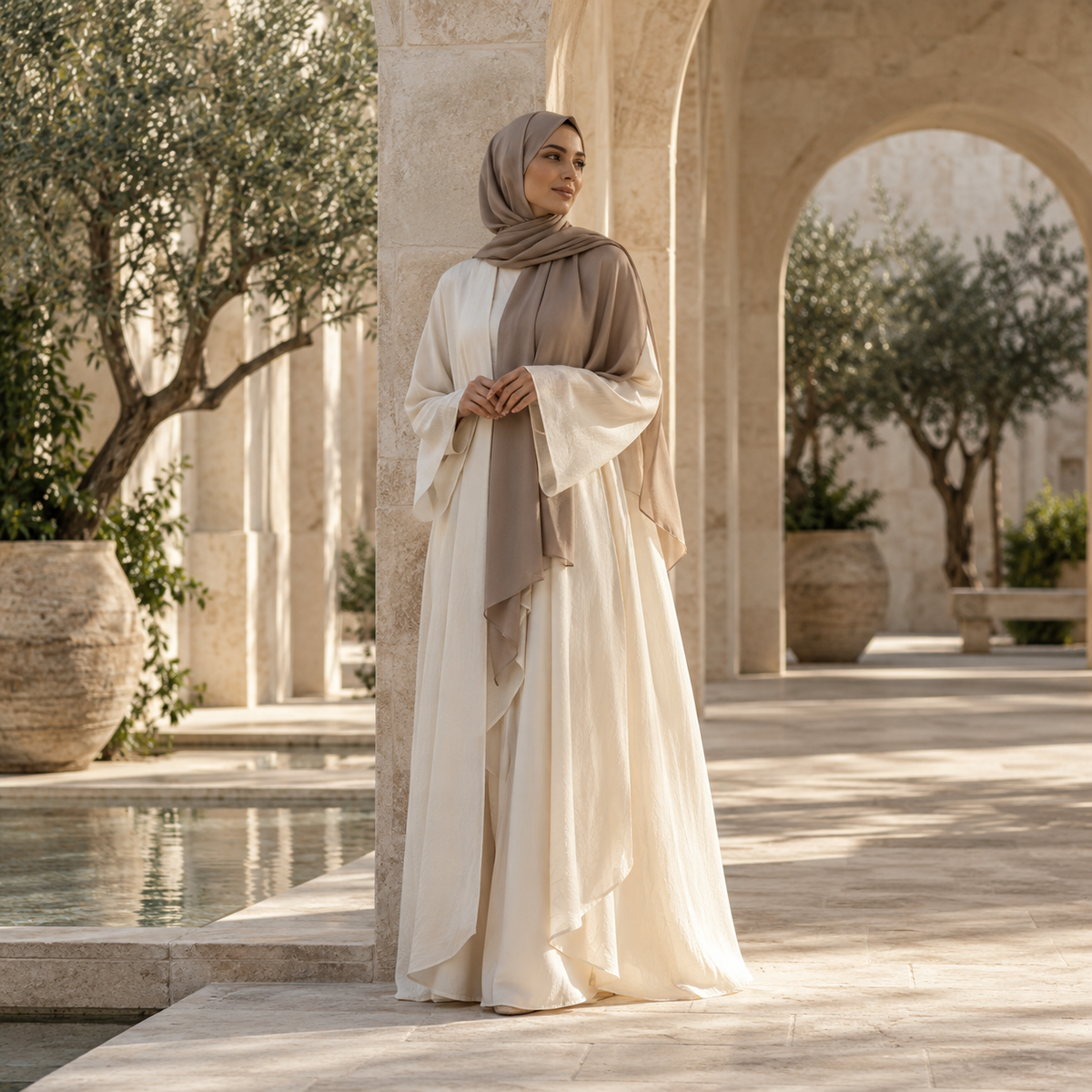 Woman wearing flowing ivory modest clothing and a taupe hijab beside limestone arches