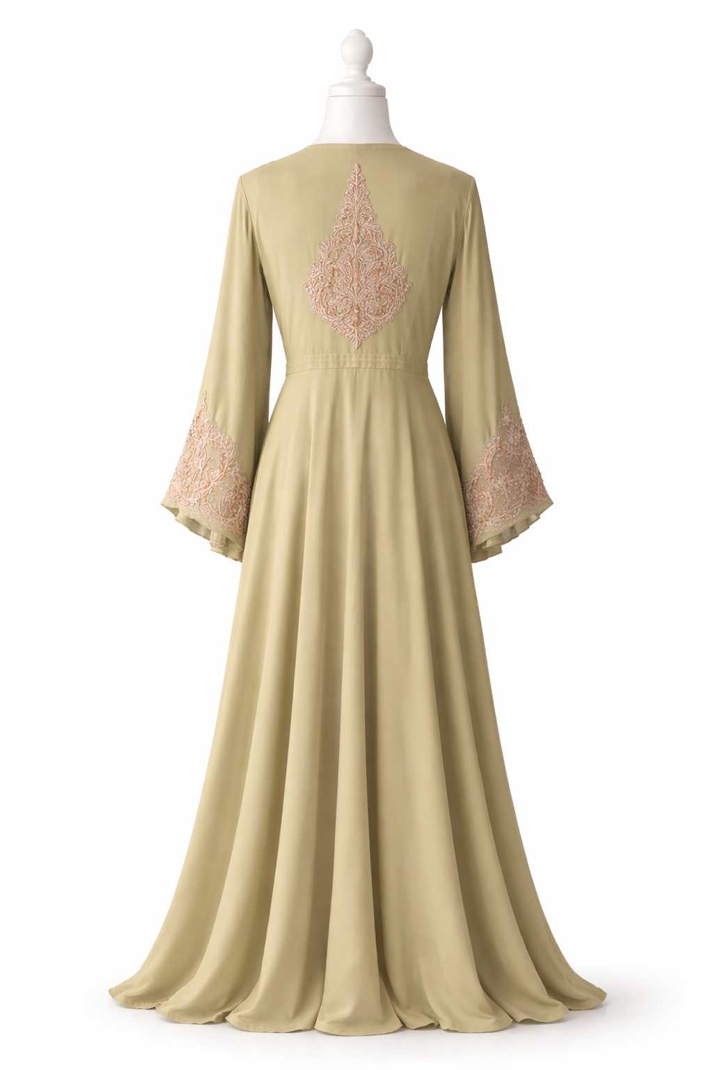 Mint abaya back view featuring intricate embroidery design and elegant modest fit