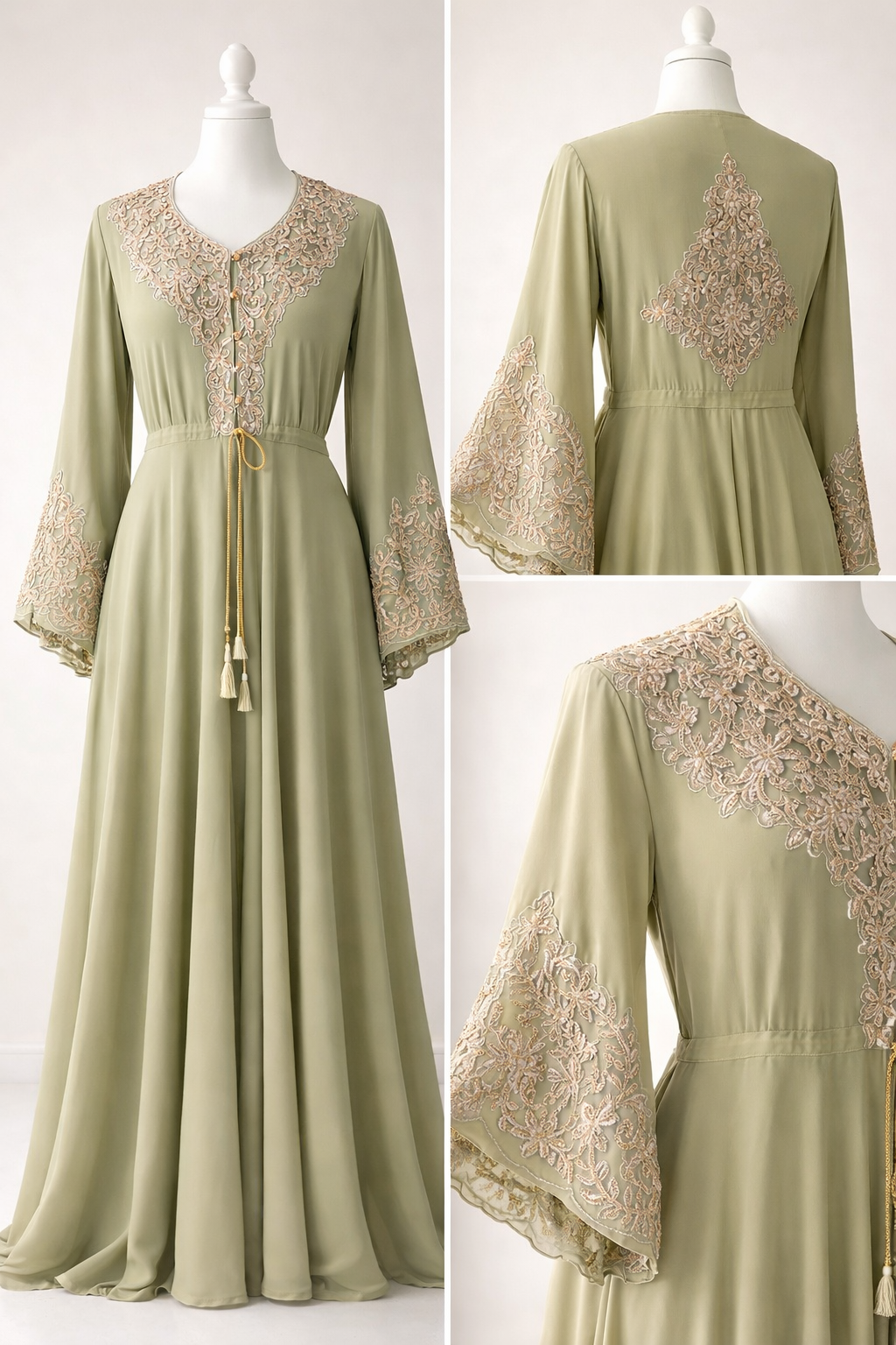 Mint embroidered abaya showing front, back and sleeve detail with intricate embroidery