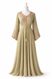 Mint embroidered abaya front view with detailed neckline embroidery and flowy modest design