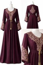 Plum embroidered abaya showing front, back and sleeve embroidery detail