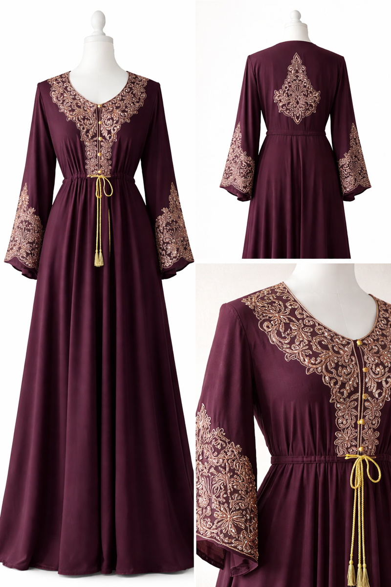Plum embroidered abaya showing front, back and sleeve embroidery detail