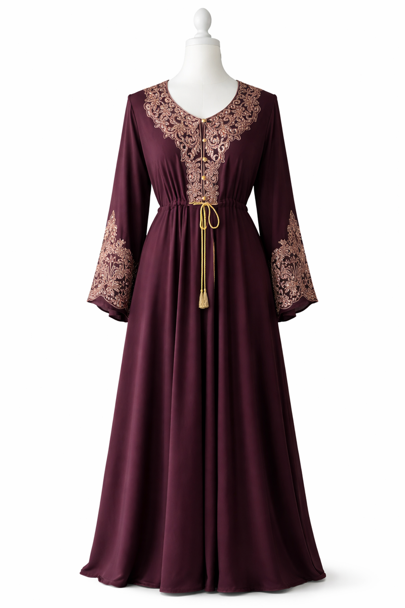 Plum embroidered abaya front view with detailed neckline embroidery and modest flowing fit